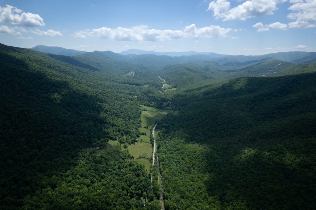 A long road cutting through the Blue Ridge Mountains of Virginia